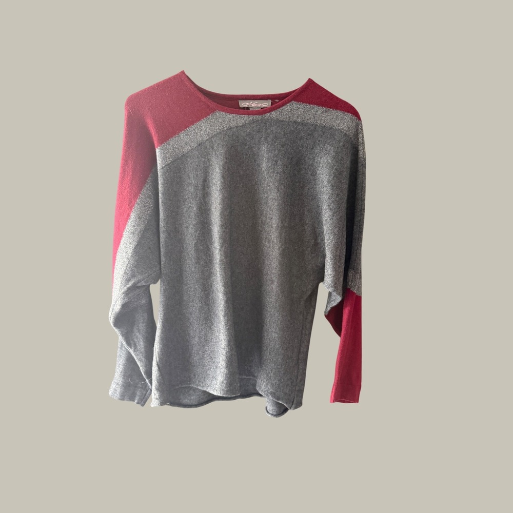 Merric Womens Medium Colorblock Wool Blend Sweater Grey Burgundy Metallic Silver